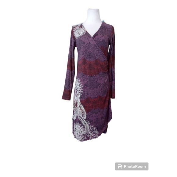 NWTDesigual women's size L Ruched Fitted Faux Wrap Dress Why? Tattoo Artsy - Picture 1 of 11
